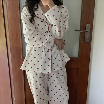 2-Piece Set High Quality Pajamas For Women Spring And Summer Loose And Comfortable Long-Sleeved Cardigan Love Print Home Clothes 1