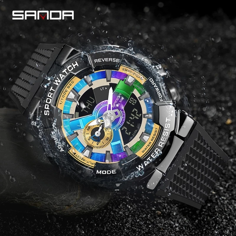 Sanda men 9004 style with raise hand lamp function creative personality Man Double Display Synchronous Movement Electronic Watch sanda men 9004 style with raise hand lamp function creative personality man double display synchronous movement electronic watch