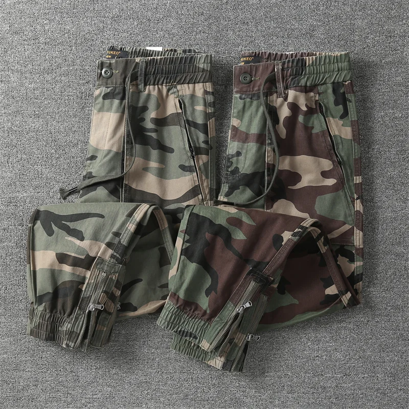 Men's Spring Camouflage Overalls Safari Style Multi Pockects Cargo Pants Elastic Waist Loose Causal Pants Outdoor Jogger Pants