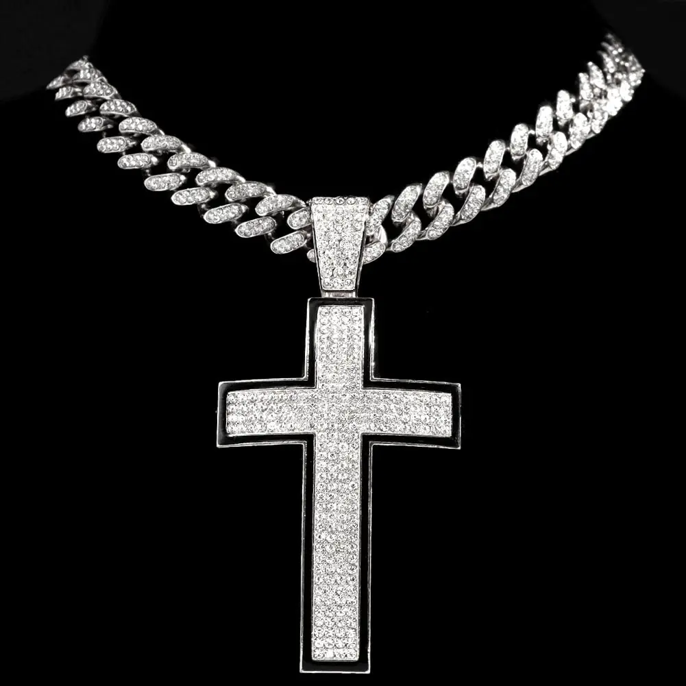 Chunky Cuban Link Chain Necklace With Rhinestone Cross Pendant - Silver Hip Hop Choker For Women - View #9