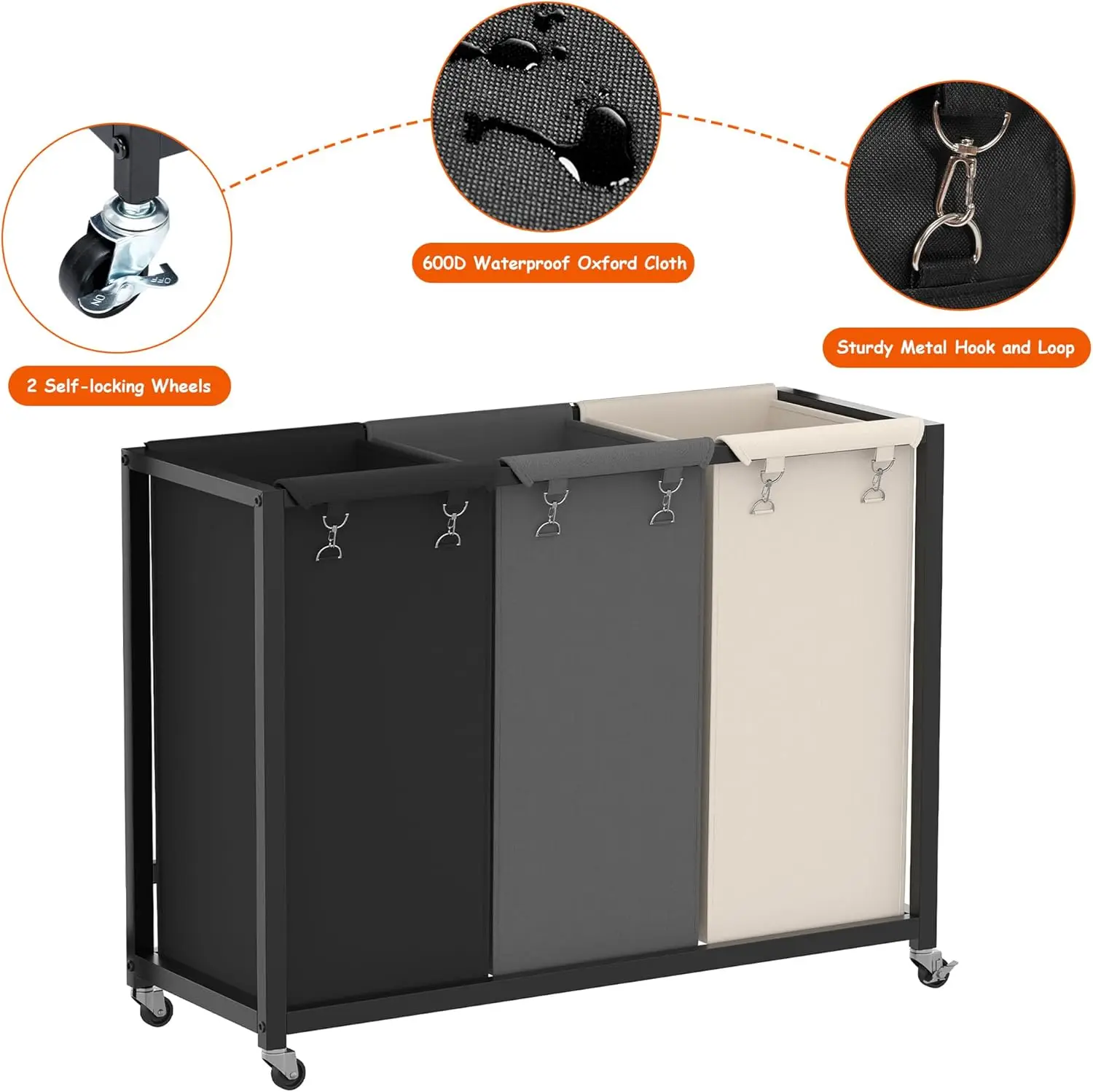 Laundry Hampers, 126L Laundry Basket with 3 Section Pull-Out Rolling Bags,Laundry Sorter with 2 Pull-Out Storage Drawers for