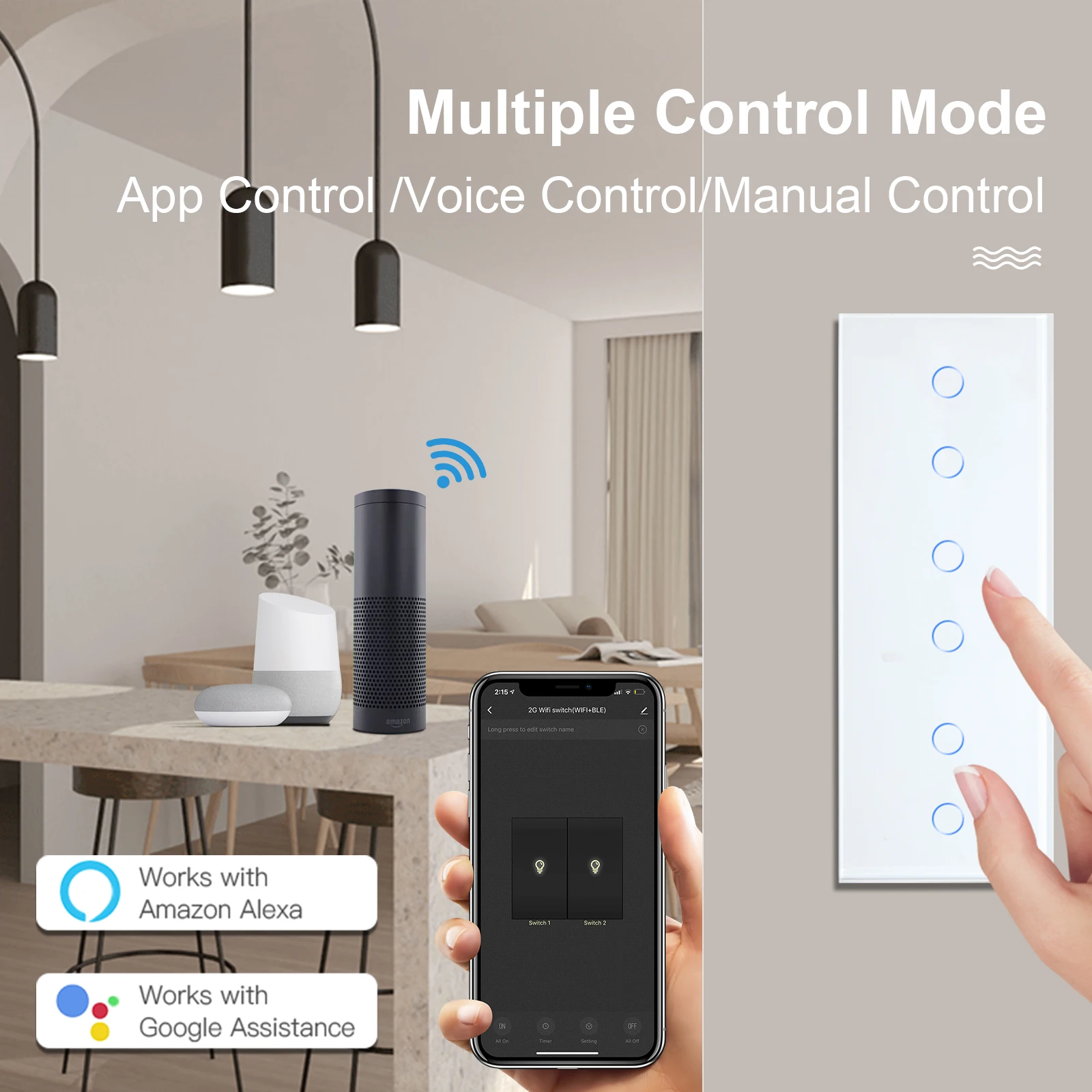 BSEED Light Wall Switch Wifi Glass Switches 6Gang 1/2/3/4Way Touch Switch Blue Backlight Waterproof Smart Life Tuya APP