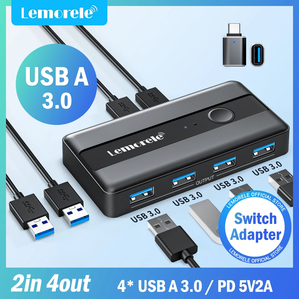 Lemorele USB KVM Switch Adapter USB 3.0 Switcher 2 Input 4 Output USB