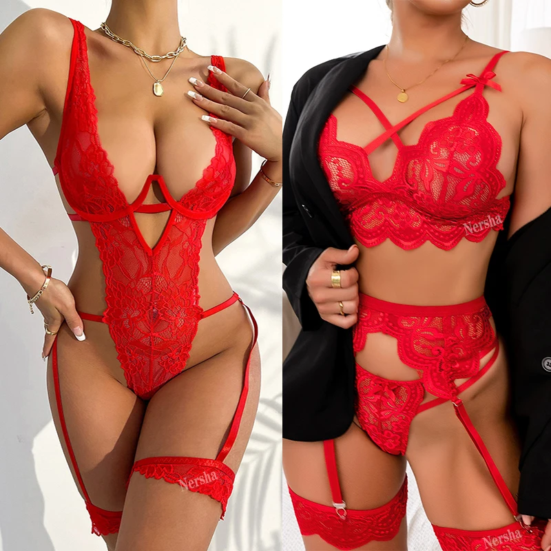 Sexy Lingerie Women Sleepwear Lace Underwear 3pcs Bra Panty Garters Erotic Lingerie Sets Sexy Women's Bra Valentine's Day Gift women lingerie
