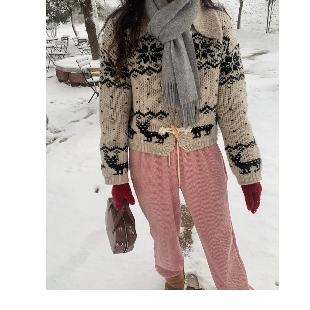 Winter Snowflake Waist Tie Lapel Midi Pocket Knit Cardigan
