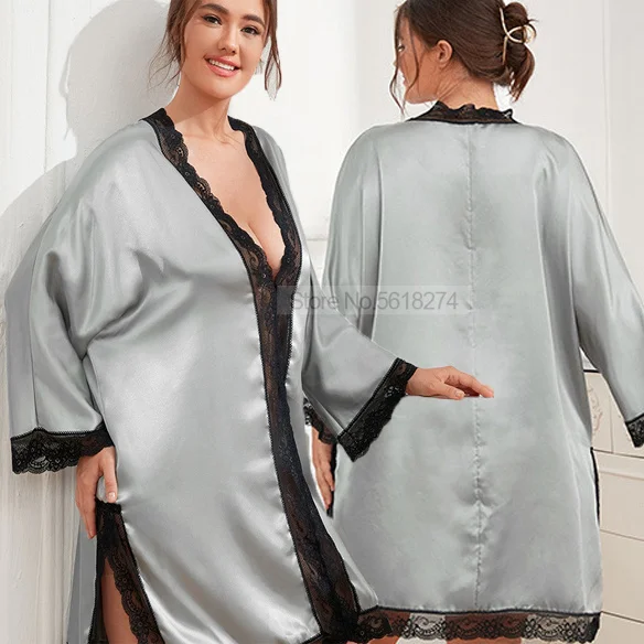 

Plus Size 3XL-5XL Sleepwear Robe Perspective Kimono Gown Deep V-Neck Nightgown Women Satin Lace Nightwear Side Split Loungewear