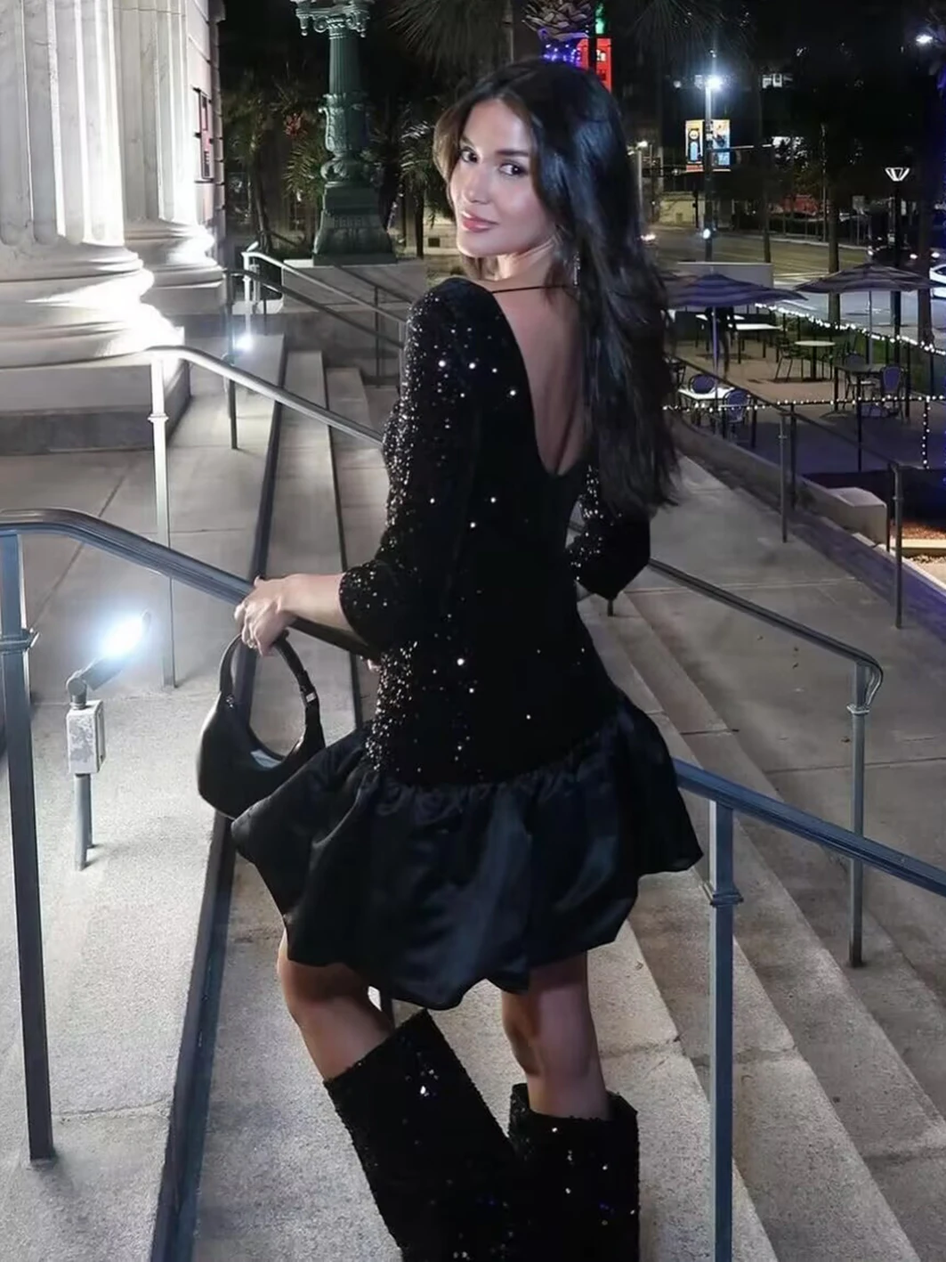 

Sequined Patchwork Mini Dress Woman Backless Lace-up Long Sleeve O-neck Elegant Short Vestidos Elegant Evening Party Dresses