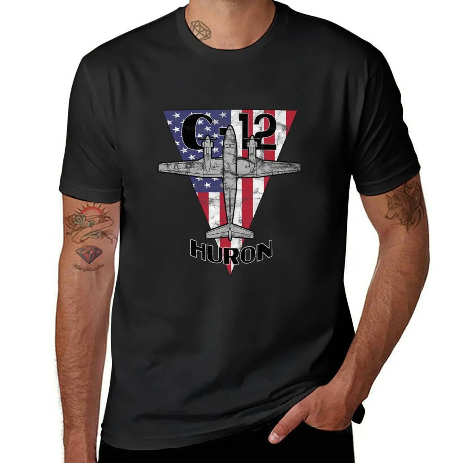 C-12 Huron Transport Airplane Patriotic Vintage T-Shirt Blouse blacks funny t shirts for men