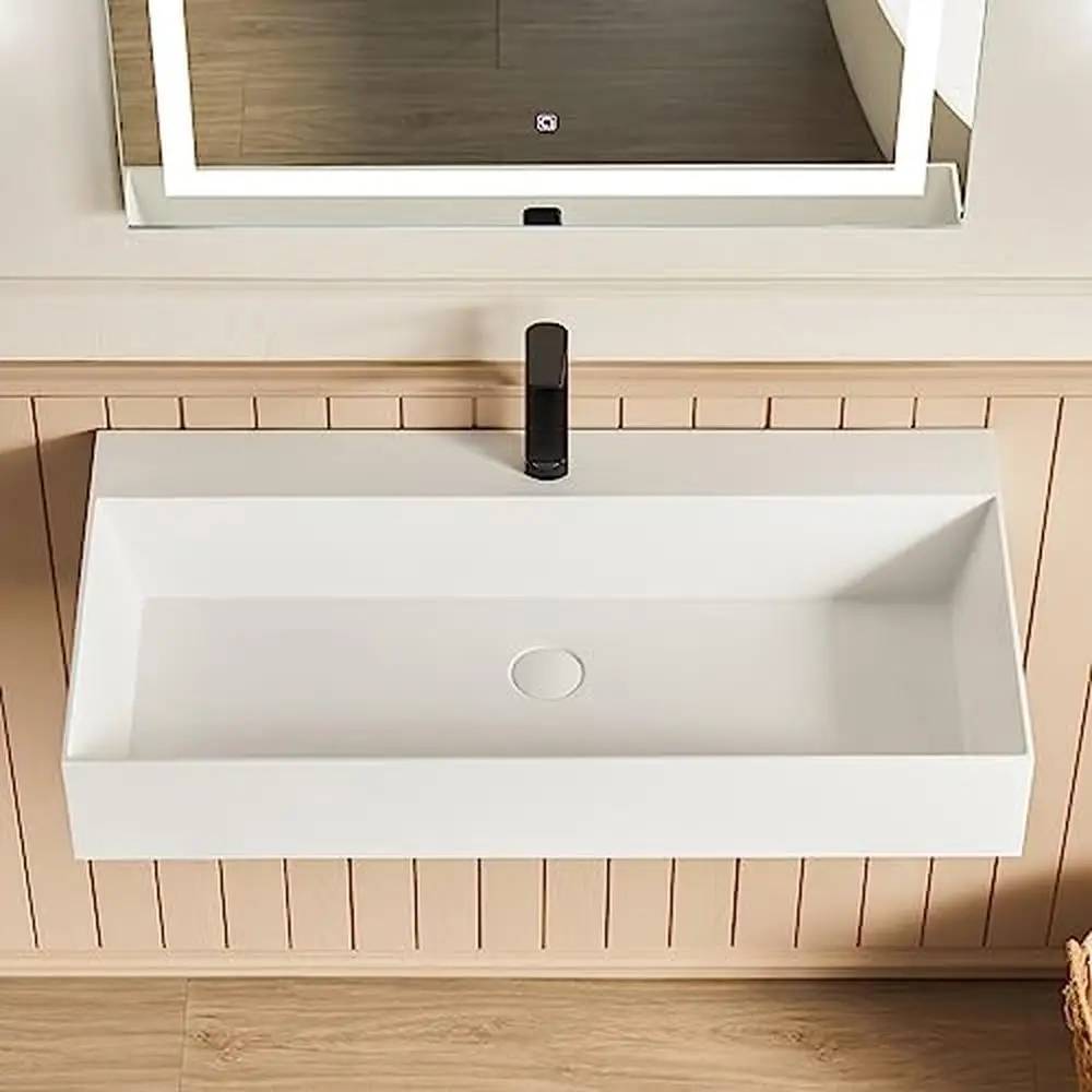 Rectangle Vessel Sink Matte White Stone Resin 30"x18" Wall Mount Bathroom Sink with Pop-up Drain Scratch-Resistant Minimalist 4