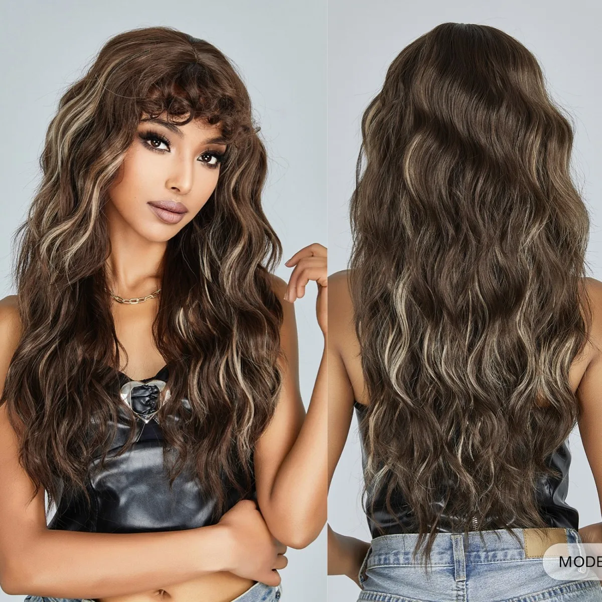 

Dark Brown Kinky Curly Wave Mixed Blonde Synthetic Wigs with Bangs Deep Wave Long Hair Wig for Women Daily Cosplay HeatResistant