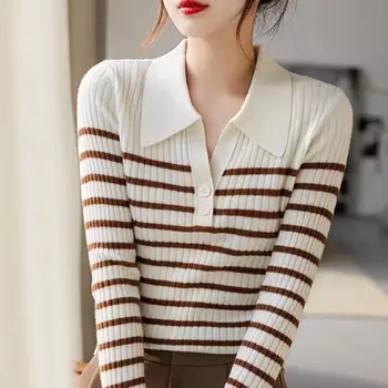 Maglietta con scollo a Polo per donna maglietta donna a righe lavorata a maglia a maniche lunghe autunno inverno moda 2025 abbigliamento di base Trend Pulovers In
