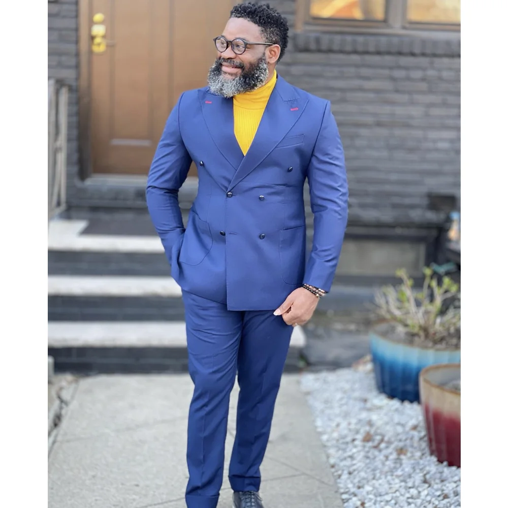 

Blue Double Breasted Men Suits Jacket Slim Fit 2 Piece/Solid Color Red Stitch Custom Made Wedding Groom Formal Homme Fashion Set