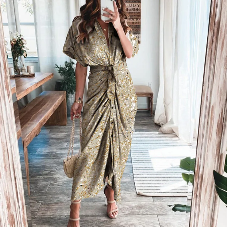 2021 New summer Office lady maxi long dresses satin fashion commuting shirtdresses solid color Casual elegant dress for women dress shops