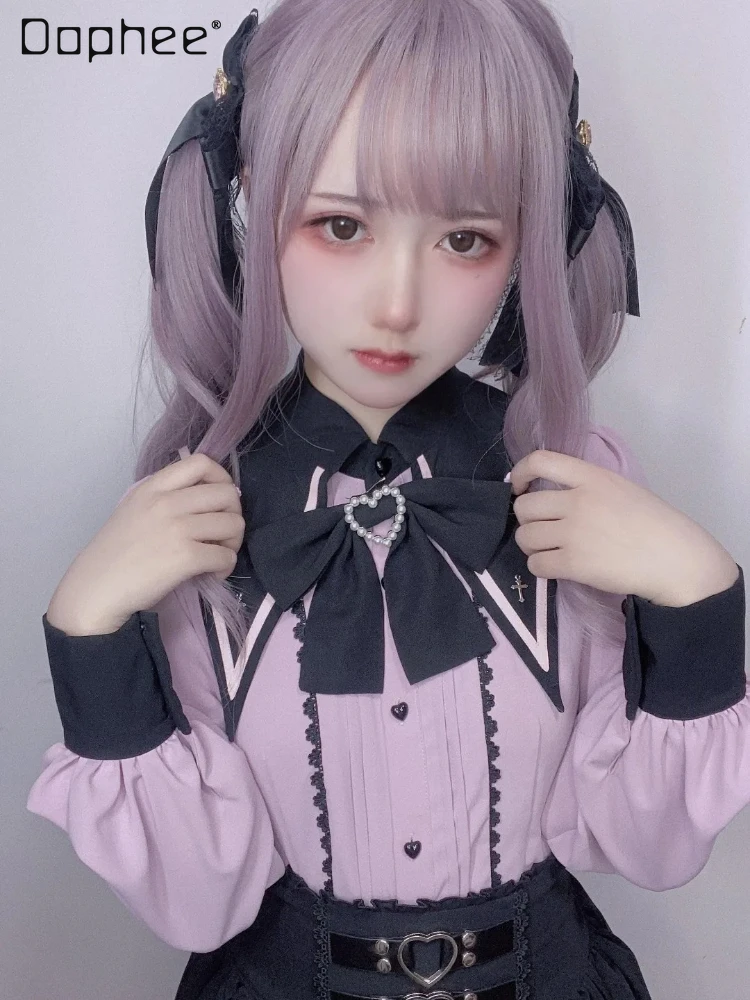 

Original Japanese Lolita Shirts for Women 2023 Autumn Mine Series Mass-Produced Black Pink Collar Long Sleeve Blouse Femininas