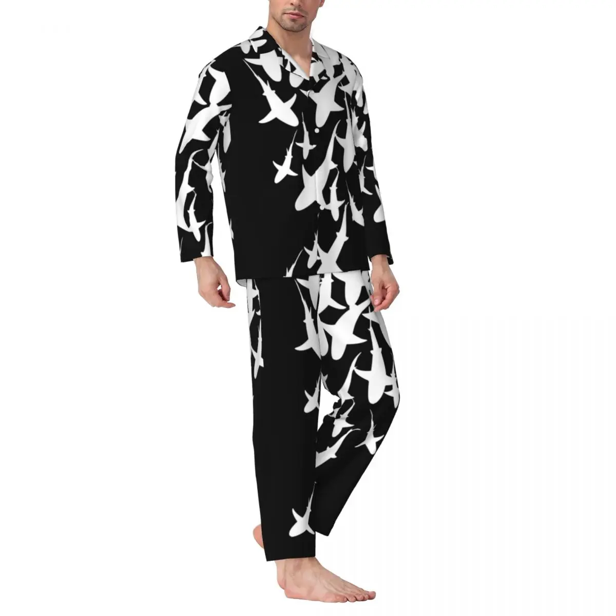 

White Shark Pattern Pajama Sets Ocean Life Animal Print Kawaii Sleepwear Men Long Sleeves Casual Loose Home 2 Pieces Nightwear