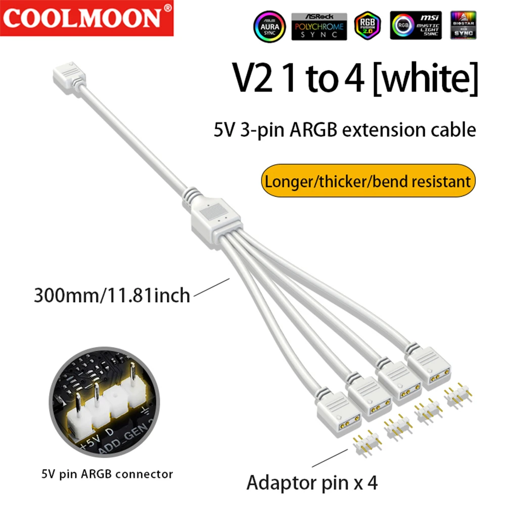Cavo Splitter ARGB, Cavo di Prolunga Splitter RGB da 1 a 4 Femmine a Femmine per Ventola ARGB da 5 V (WHITE
