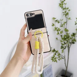 Elegant Down Jacket Style PU Leather Phone Case with Wrist Strap Bracelet and Hard Hinge Protection for ForGalaxy Z Flip7 FE (Beige)