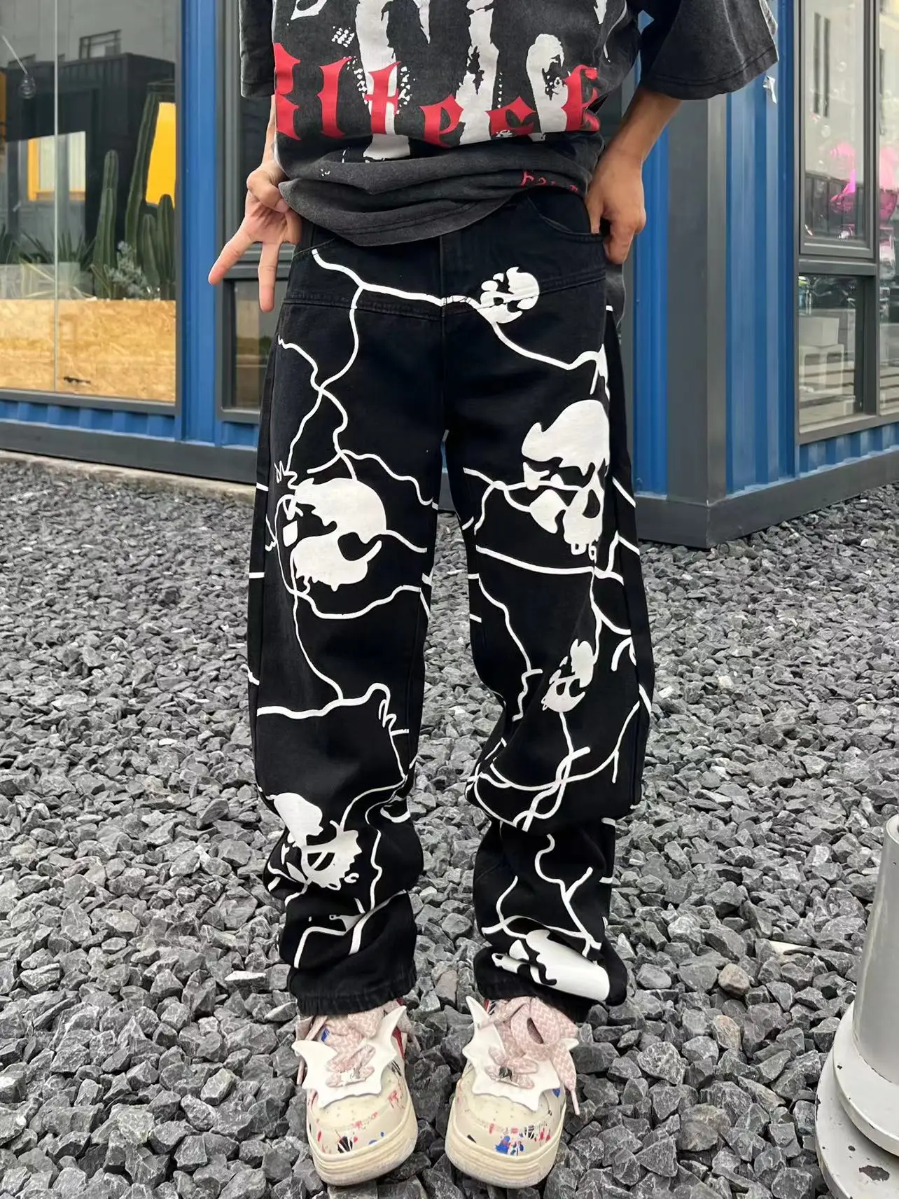 Skull Printed Man Woman Black Jeans Trousers for Men Trends Clothes Pants Men's Punk Trendyol Streetwear Hip Hop Casual Straight