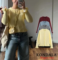 Women Fall Elegant Knit Cardigan Yellow Petal Sleeve Sweater 2025 Autumn Fashion Versatile Sweet Vibrant Sweater Cardigan