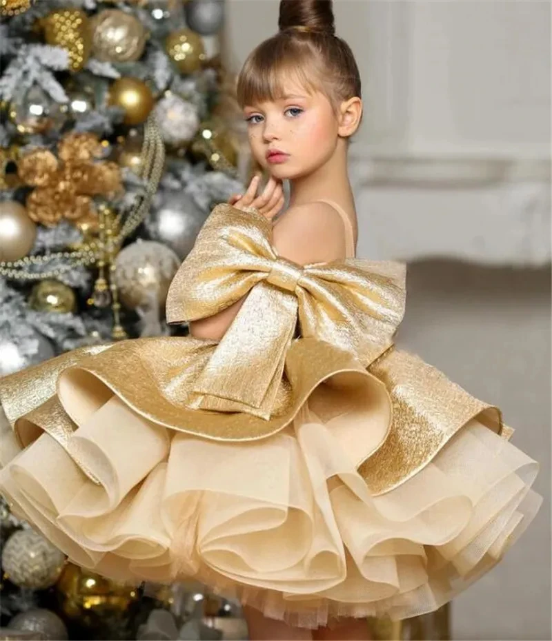 Flower Girl Dresses Puffy Satin Knee Length Glitter Wedding Party Bow Toddler Baby Birthday Pageant Ballet Tutu
