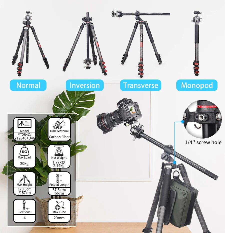YT284C Professional Carbon Camera Tripod with rotatable multi-angle center colum