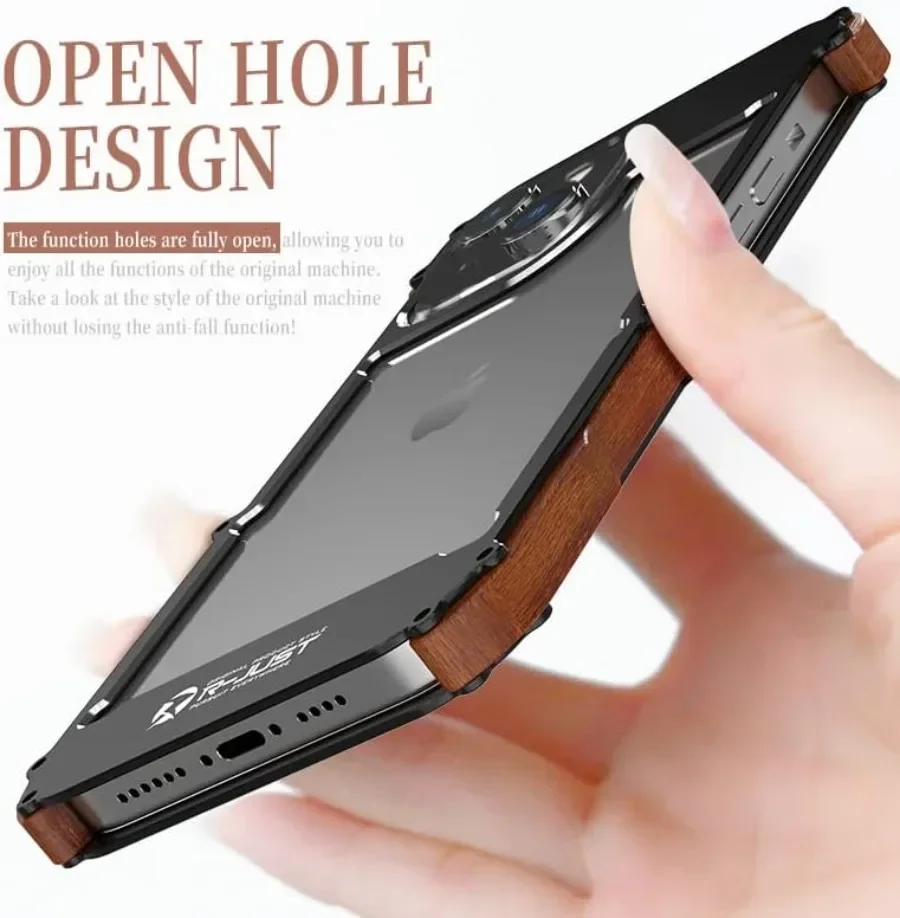 Aluminum Alloy Metal Iron Wood Bumper Case For iPhone 15 14 Plus 13 12 11 Pro Max X XR Shockproof Dropproof Cover Lens Protector