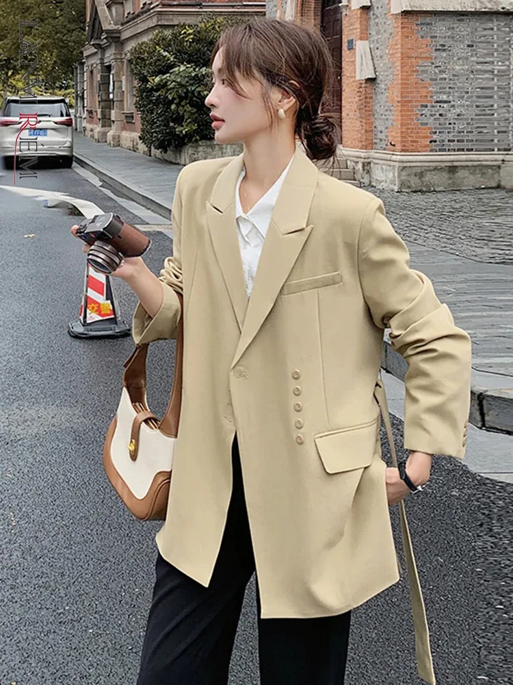 

LANMREM Korean Style Solid Color Blazer Women Notched Belt Gathered Waist Single Breasted Coat Fashion 2024 Spring New 2AA5128