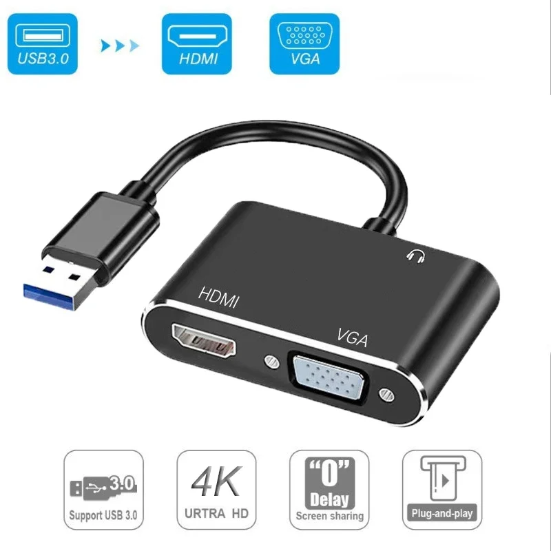 Адаптер 3 в 1 с USB 3,0 на HDMI VGA аудио и видео, адаптер 1080P 4K, двойной экран дисплея, HDMI-совместим с ПК, ноутбуком, проектором
