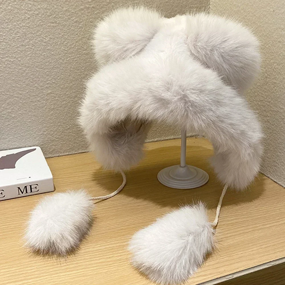 Women Winter Warm Kawaii Fox Fur Imitation Mink Plush Hat Thickened Cute Bear Ear Japanese Bomber Hat Ear Protection Cosplay Cap