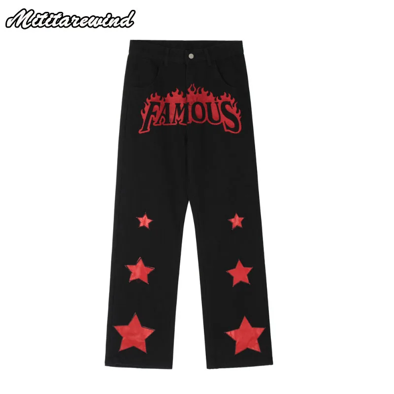 

High Street Y2k Loose Jeans Wide Leg Design Patchwork Male Trousers Spring And Autumn Letter Flame Embroidery Straight Men Pants