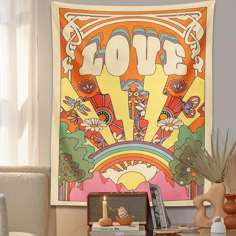 70s Retro Tapestry Vintage LOVE Sun rainbow Wall Art Printed plant flower Psychedelic Hippie Wall Living Room Bedroom Home Decor tapestry decorations