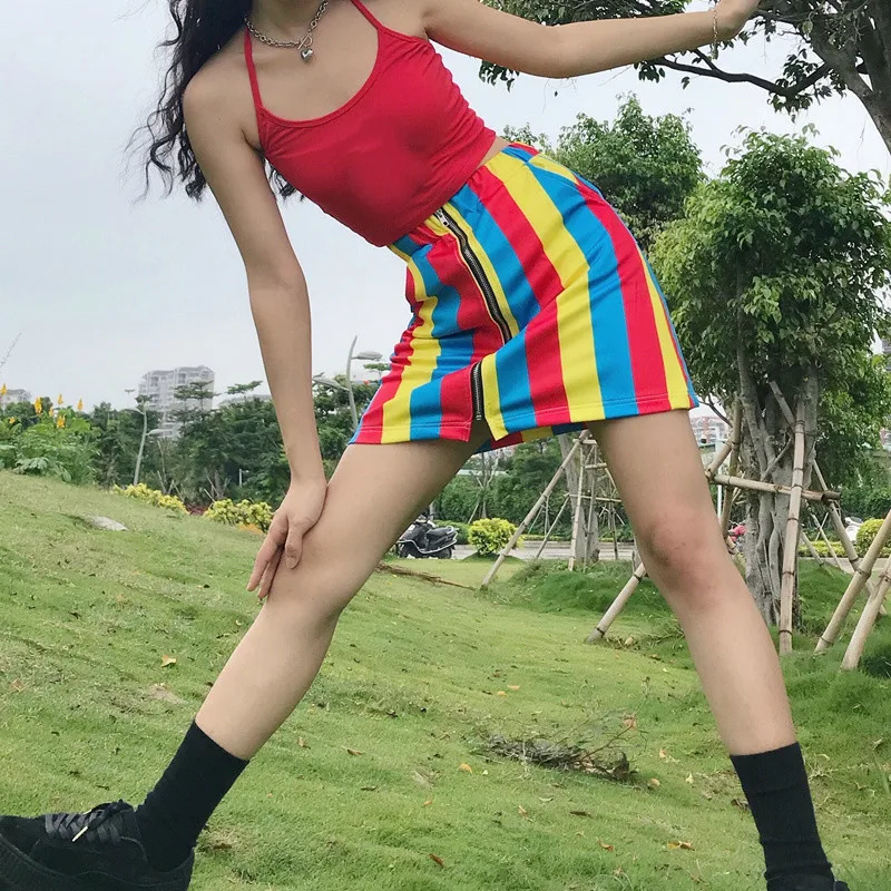 Fahion High Waist Slim Rainbow Striped Women Skirts 2020 Summer New Vintage Streetwear Zipper Skirt Korean A-Line Faldas Mujer leather skirt