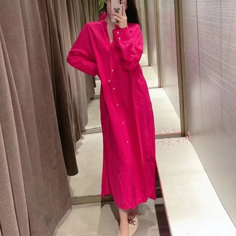 

2023 spring new women's long loose casual shirt style simple temperament linen long-sleeved dress