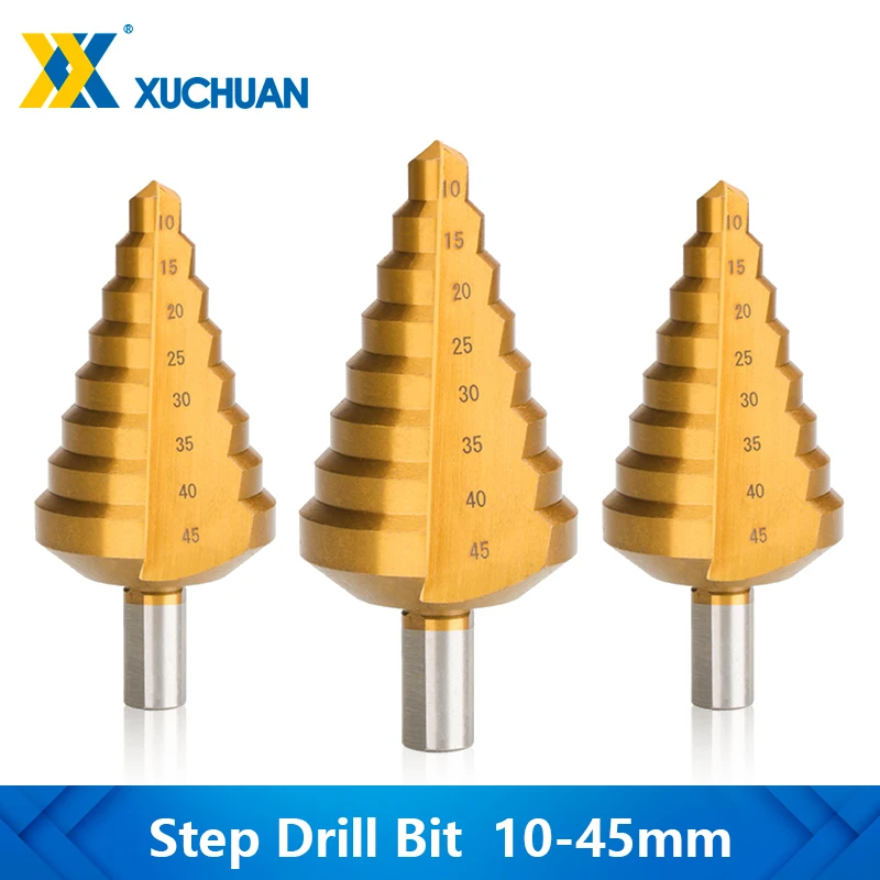  10-45mm Step Drill Bit HSS Metal Drill Bit Triangle Shank Metal Hole Cutter Drilling Tool Titanium Coated Step Cone Drill 