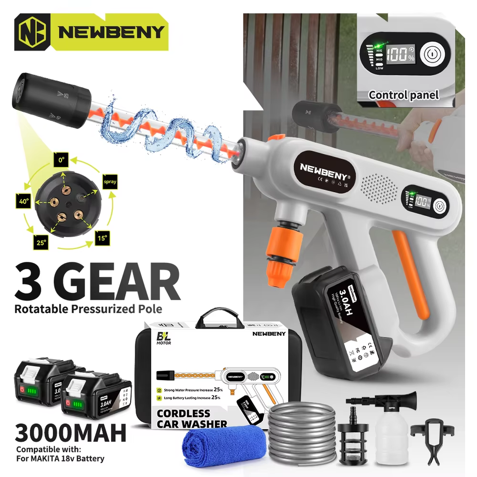 NEWBENY 220Bar 5 IN 1 Brushless High Pressure Washer 3 Gears Cordless Household Car Garden Cleaning Tool For Makita 18V Battery