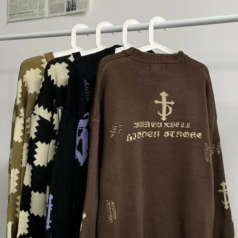 

Harajuku Knitted Sweater Women Printed Knitwears Women Streetwear Hip Hop Destroyed Hole Ripped Pullovers Jumper
