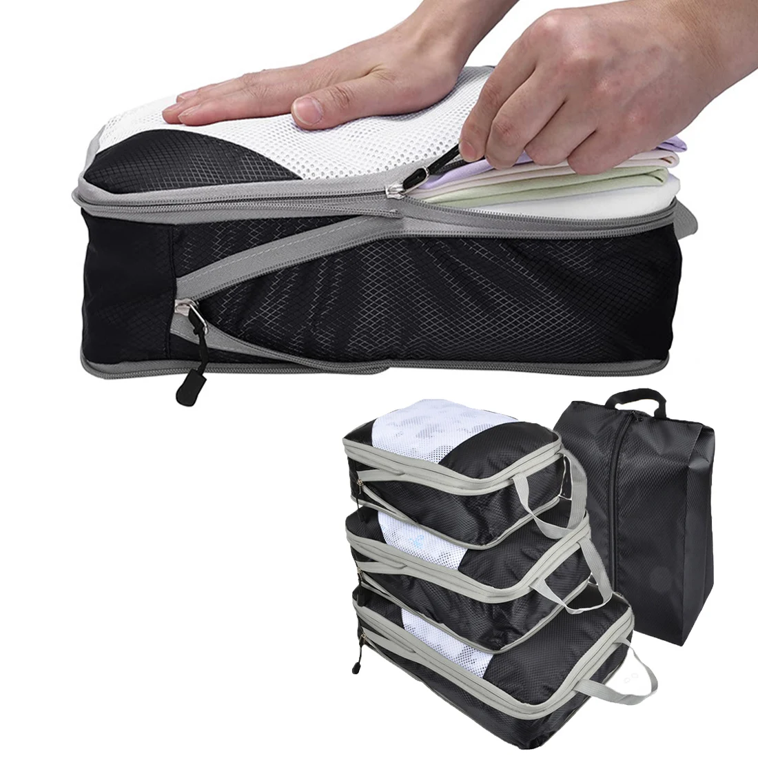 

4Pcs/Set Travel Storage Bag Compressible Packing Cubes 2023 Foldable Waterproof Travel Suitcase Nylon Portable Luggage Organizer