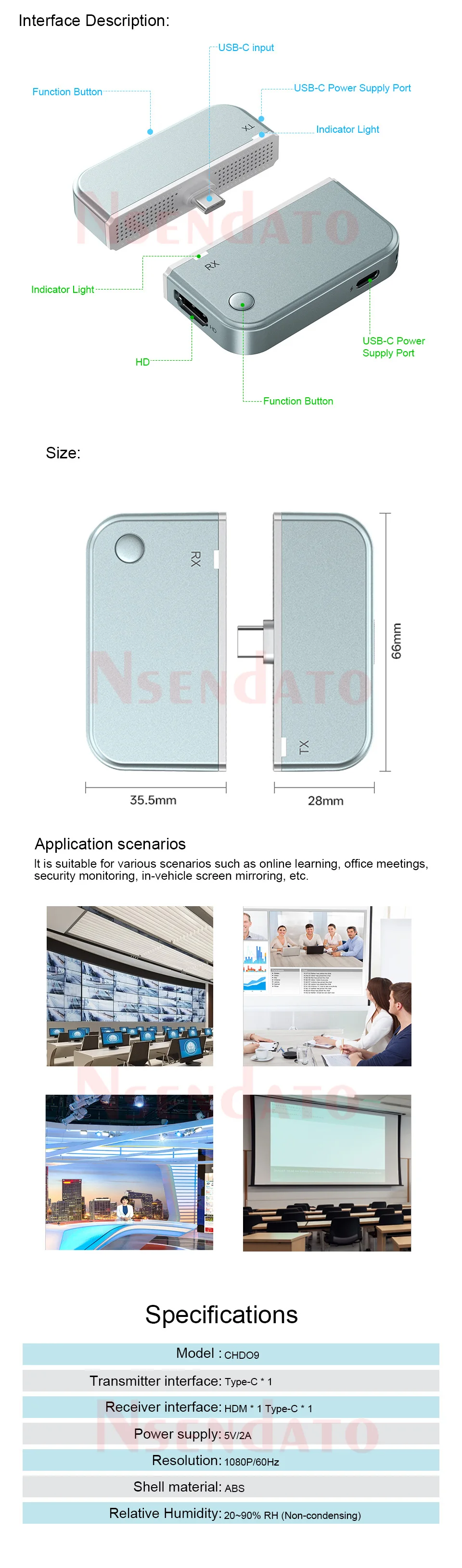 Wireless Video USB C HDMI Transmitter Receiver Extender 50M 1080P@60Hz Wireless