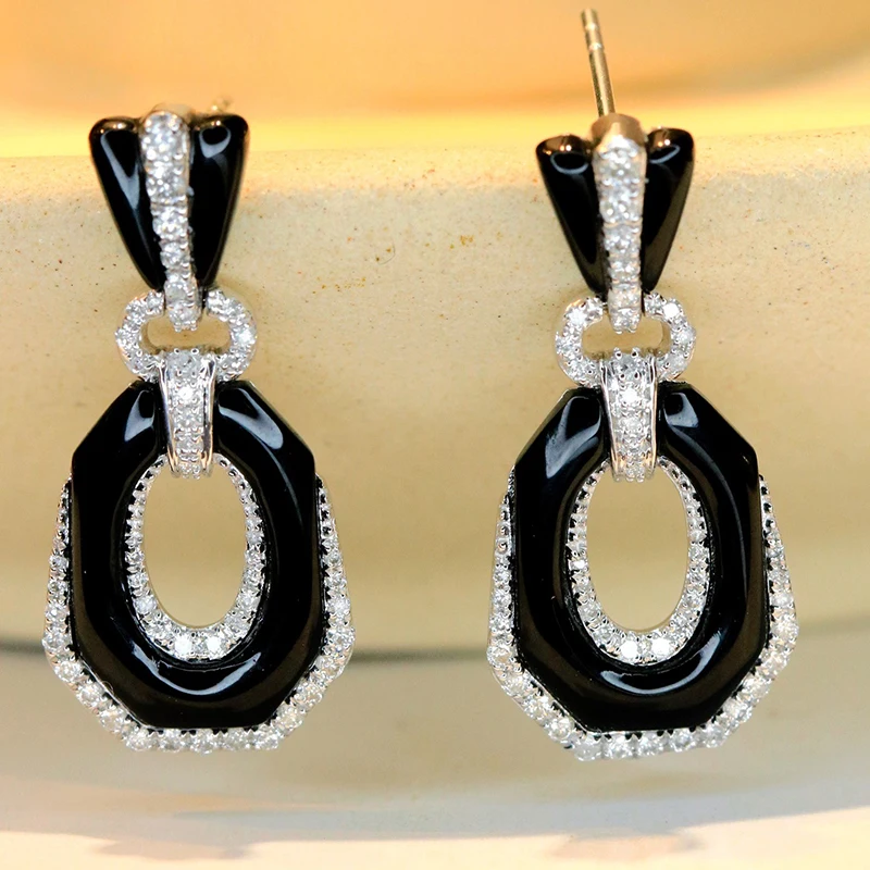 LUOWEND 18K White Gold Earrings Diamond and Black Onyx Earring Shiny Classic Shape Stud Earrings for Women High Engagement Party