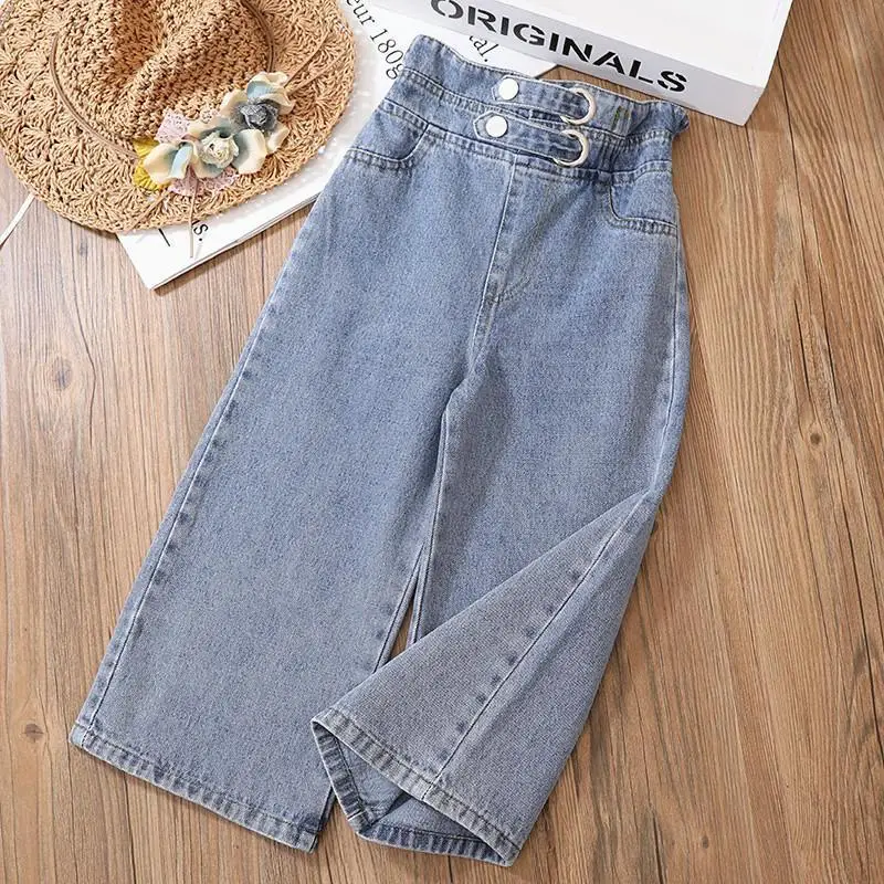 

4-11Y Girls Jeans Pants Spring and Autumn New Teenage Girls Loose Straight Trousers Children's Wide-leg Pants Student Pants