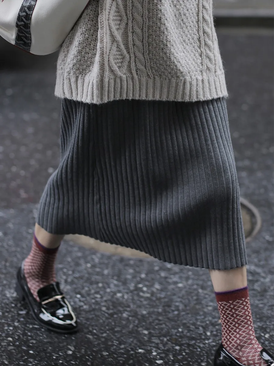 

Women Skirts Grey Knitted Midi Skirt Vintage Style Woolen Skirt With High Waist Pleated Hem Slim Fit