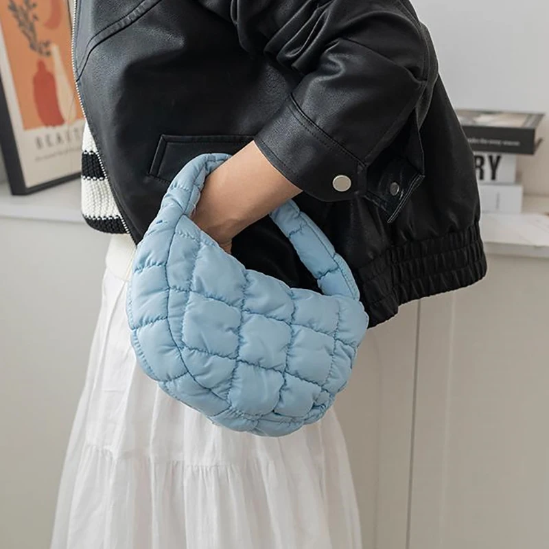 Modische Mini-Puffer-Einkaufstasche, gesteppt, Kreis, Handy-Geldbörse, elegant, lila, weiches Nylon, gepolstert, Schlüsseltasche, einfache Trend-Handtasche – Detail 8