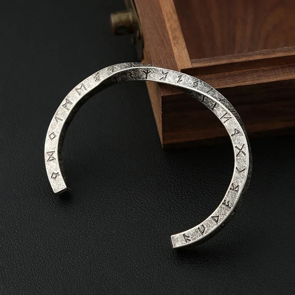 Nordic Vikings Twist Cuff Bracelet Punk Fashion Stainless Steel Viking Letter Bangles For Men Vintage Party Jewelry