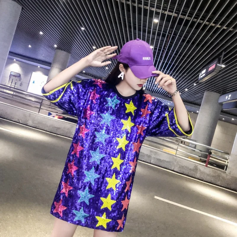

Women's Loose Short Sleeves T-Shirt, Large Version Y2k Top, Graphic T Shirts, Harajuku Clothing, Hip Hop, Trendy Brand Sequins,