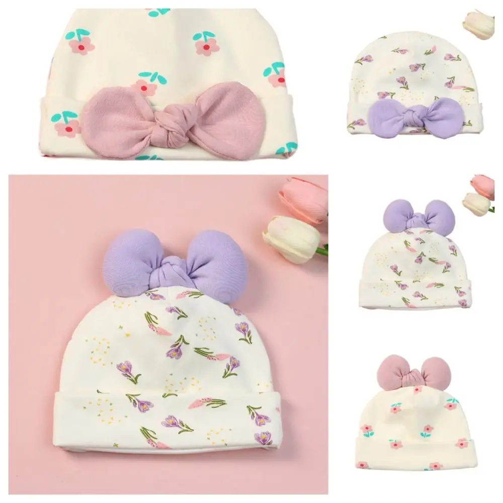 

Printing Boneless Muslin Hat Cloth Cartoon Animal Infant Beanies Cap Bow Soft Newbron Headwear Windproof