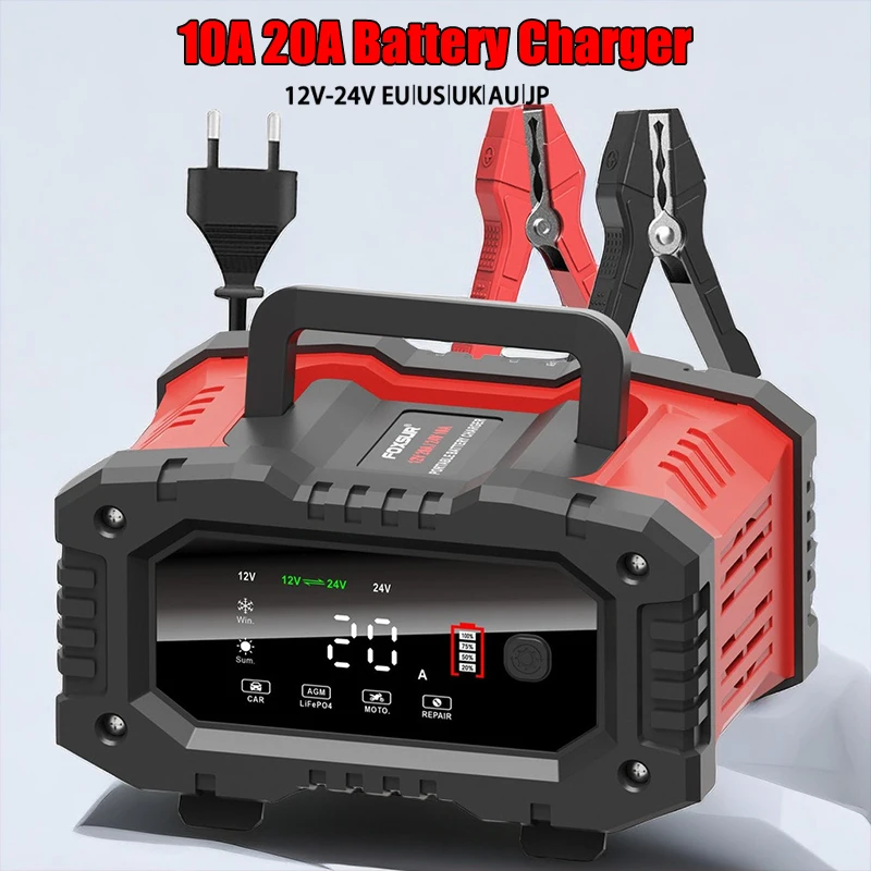 

20A/10A Car Motorcycle Battery Charger 12V/24V Automatic Smart Charger Lithium AGM GEL Lead-Acid LiFePO4 Battery Chargers