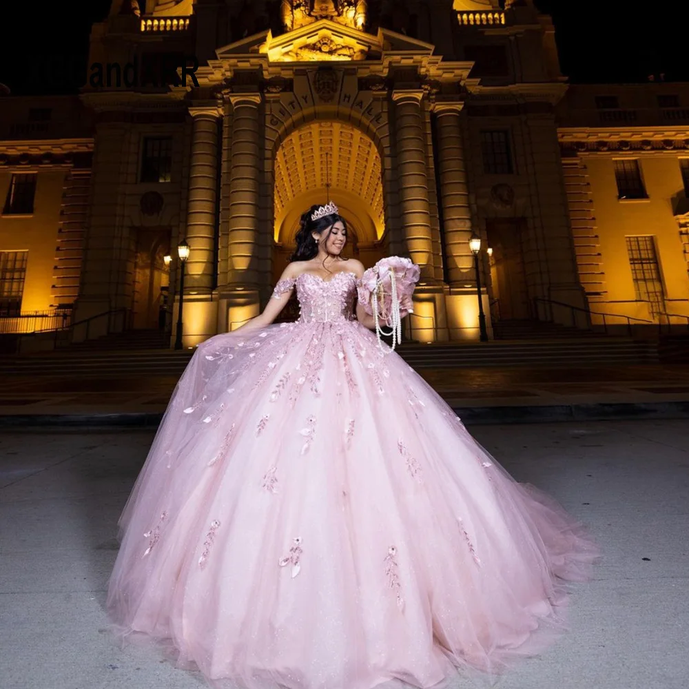 

Lovely Pink Ball Gown Quinceanera Dress 2024 3D Floral Sparkly Sweetheart Tulle Princess Vestido De XV Años Brithday Party Gown