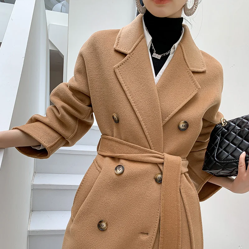 Brand Women Double-Sided 100% Wool Coat Solid Color Long Beautiful Woolen Winter Autumn Thicken Warm Fashion Water Ripple Cloak