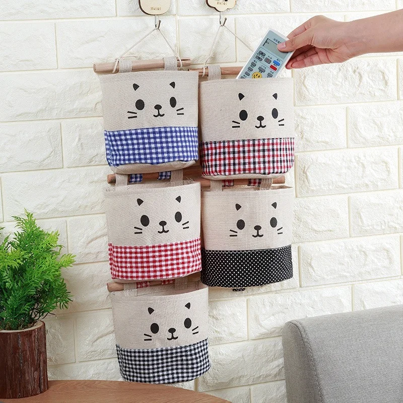 

Cute Wall Hanging Storage Bag Cotton Linen Sundries Pouch Makeup Toys Hairpin Door Closet Storage Bag Home Room Organizer