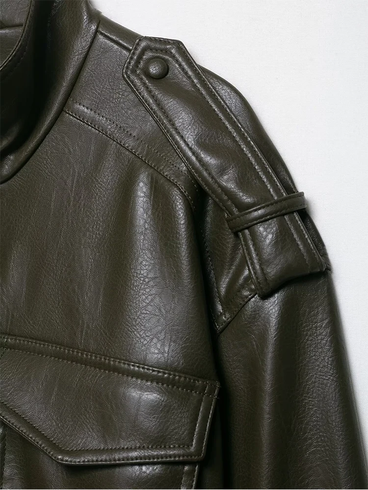 Women Slim Fit Faux Leather Jacket PU Zipper Cropped Jackets Spring Autumn Casual Pocket Bomber Coat Female Club Street Wear